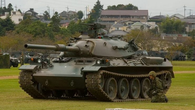 A Type 74 tank on display at the JGSDF Ordnance School in Tsuchiura, Kanto, Japan.