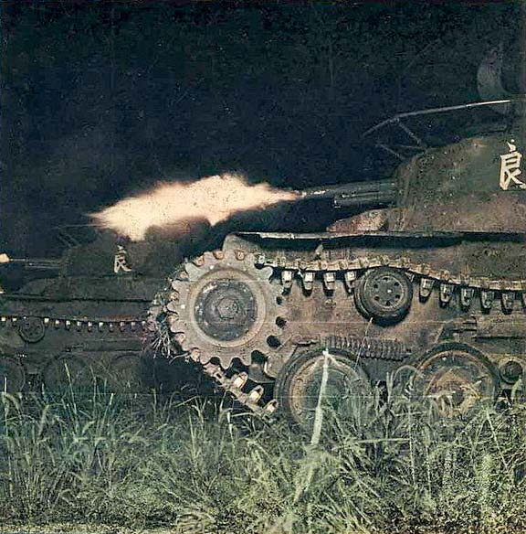 A Type 97 Chi-Ha tank of the 3rd company of the 1st Tank Division of the Imperial Japanese Army during a night exercise in Manchuria, 1943