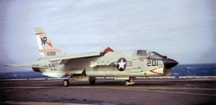 A VF-24 F-8J returning to Hancock in the Gulf of Tonkin.