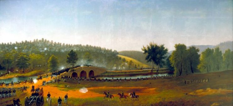 James Hope’s panoramic paintings capture the scope of Antietam. “A Crucial Delay” depicts the action at the Burnside Bridge. Photo: Antietam National Battlefield
