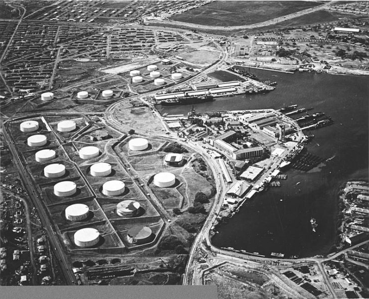 Aerial view of the Pearl Harbor submarine base (right center) with the fuel farm at left, looking south on 13 October 1941.