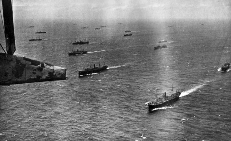 An Allied convoy underway as seen from a Royal Air Force Short Sunderland flying boat.