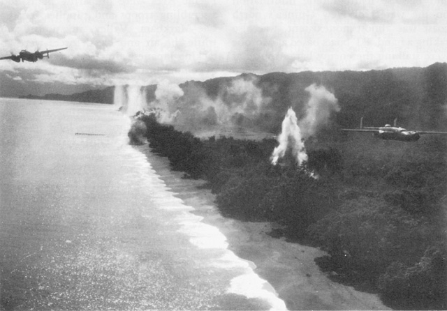 B-25 leaving installations aflame in the Wewak area, 13 August 1943.