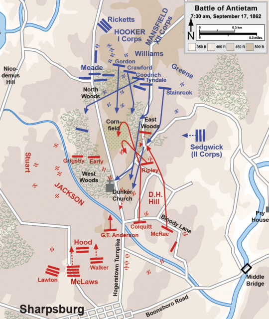 Battle of Antietam Battle Map 7:30 to 9:00 AM – Note the Cornfield – Hal Jespersen CC BY 3.0