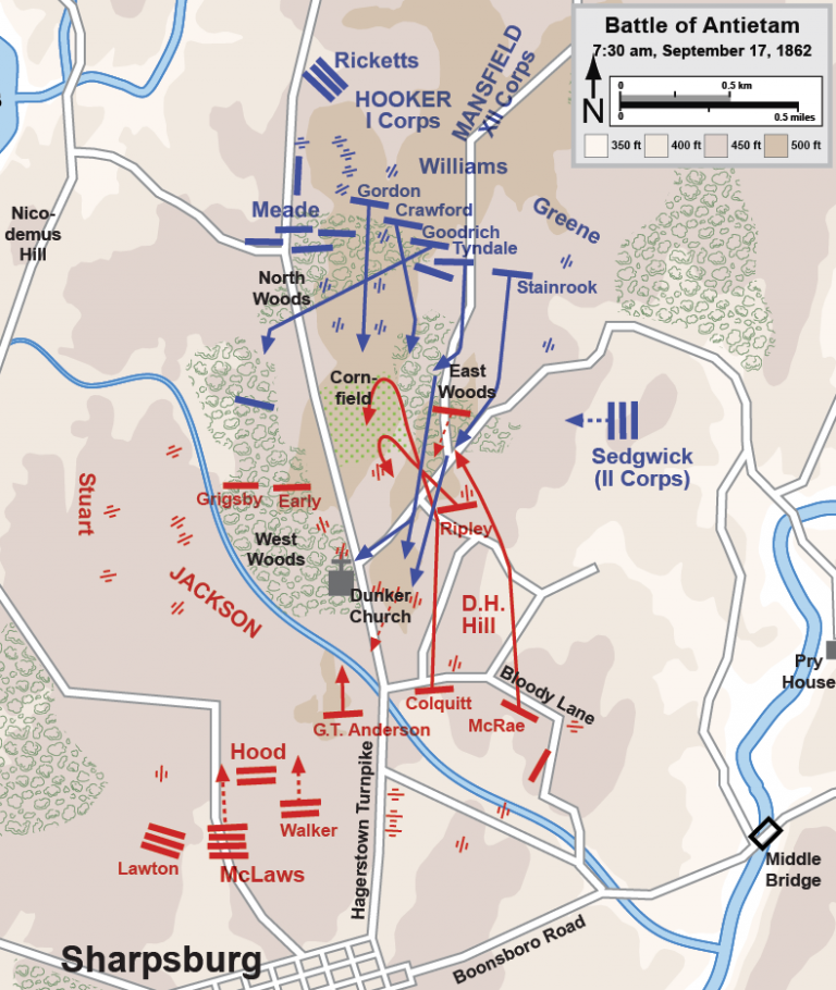 1st Texas At Antietam 80 Losses - Battle Of Antietam Battle Map 730 To 900 Am Note The Cornfield Hal Jespersen Cc By 3 0 768x910 