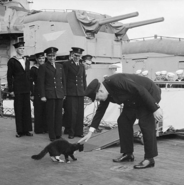 Winston Churchill restrains Blackie, the ship’s cat of HMS Prince of Wales, from boarding USS McDougal during a 1941 ceremonial visit