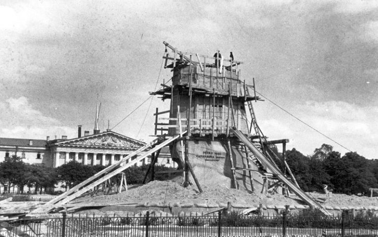 Bronze Horseman camouflaged from the German aircraft during the Siege of Leningrad