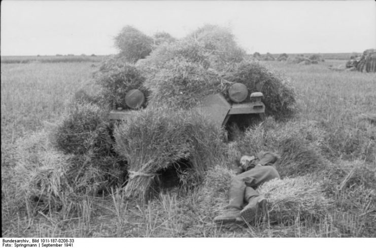 Soviet Union, disguised armored infantry vehicle under camouflage. By Bundesarchiv Bild CC-BY-SA 3.0
