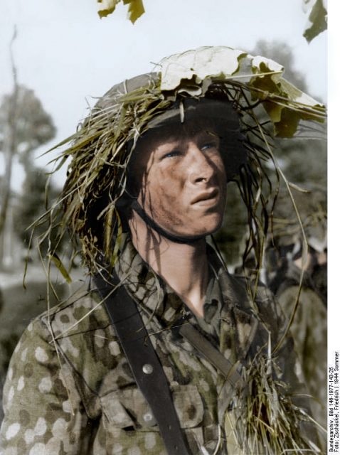 A camouflaged soldier of an SS-Grenadier Panzer division, Normandy, 1944, wearing a disruptively patterned Eichenlaub patterned jacket. By Bundesarchiv – CC BY-SA 3.0 de Photo: Zschäckel, Friedrich / CC BY-SA 4.0