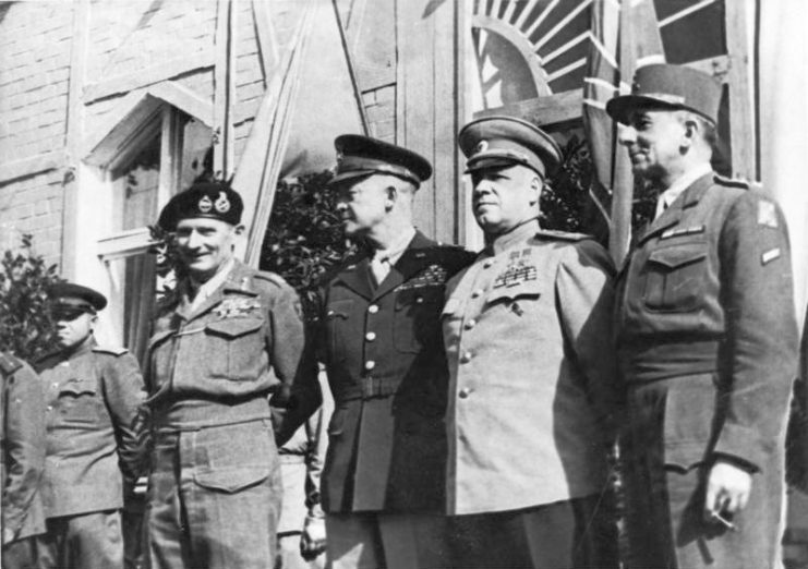 The Supreme Commanders on 5 June 1945 in Berlin: Bernard Montgomery, Dwight D. Eisenhower, Georgy Zhukov and Jean de Lattre de Tassigny. By Bundesarchiv Bild CC-BY-SA