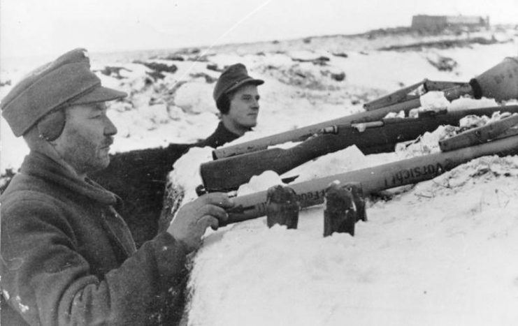 Volkssturm troops with Panzerfausts in a trench during the Battle of Königsberg.