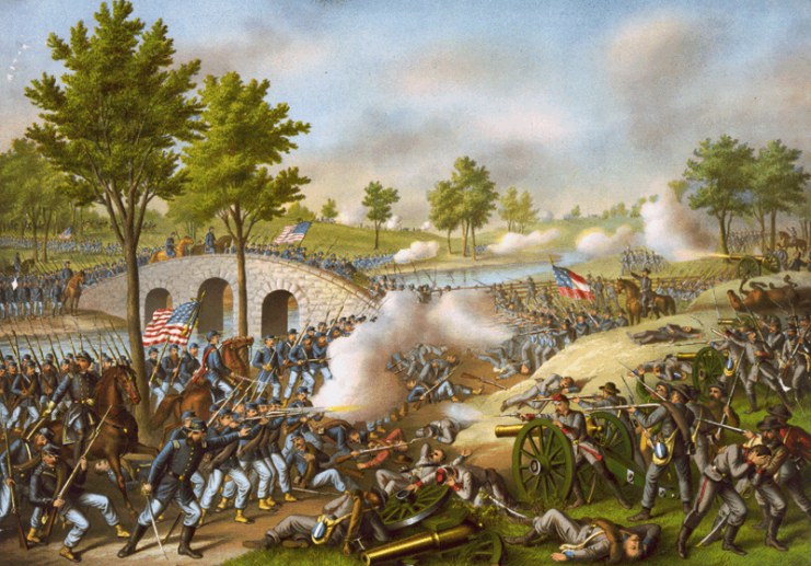 Union soldiers surge across Antietam Creek in this 1878 lithograph by Kurz & Allison. Photo: Library of Congress