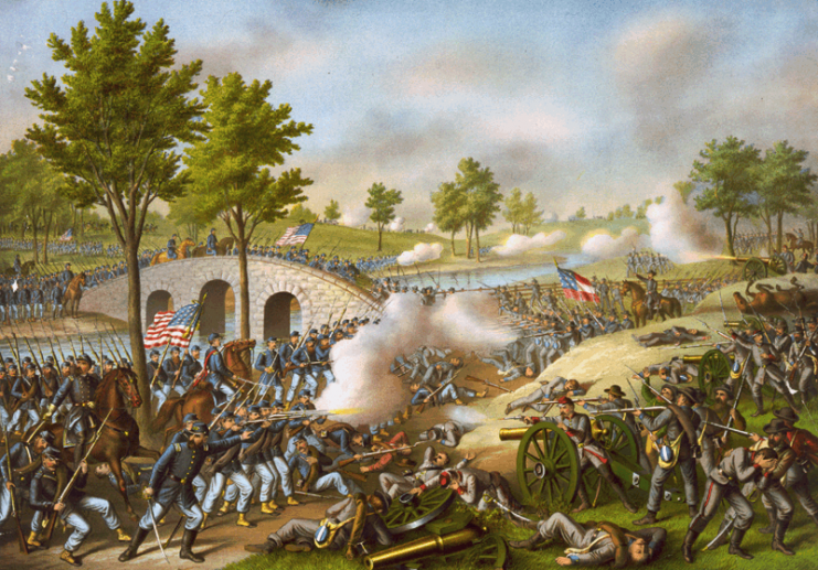 Union soldiers surge across Antietam Creek in this 1878 lithograph by Kurz & AllisonSource: Library of Congress