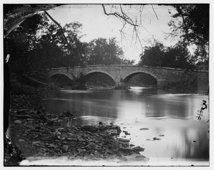 Caption: The Burnside Bridge née Rohrbach Bridge never to be the Toombs Bridge (photo by Alexander Gardner). Source: Library of Congress