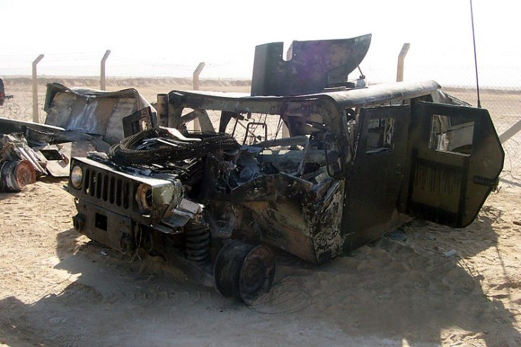 Destroyed Humvee was struck by an IED in Iraq.