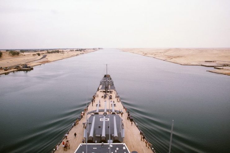 The battleship USS Missouri (BB-63) transits the Suez Canal while en route to Istanbul, Turkey. The ship is on an around the world shakedown cruise, 1986.