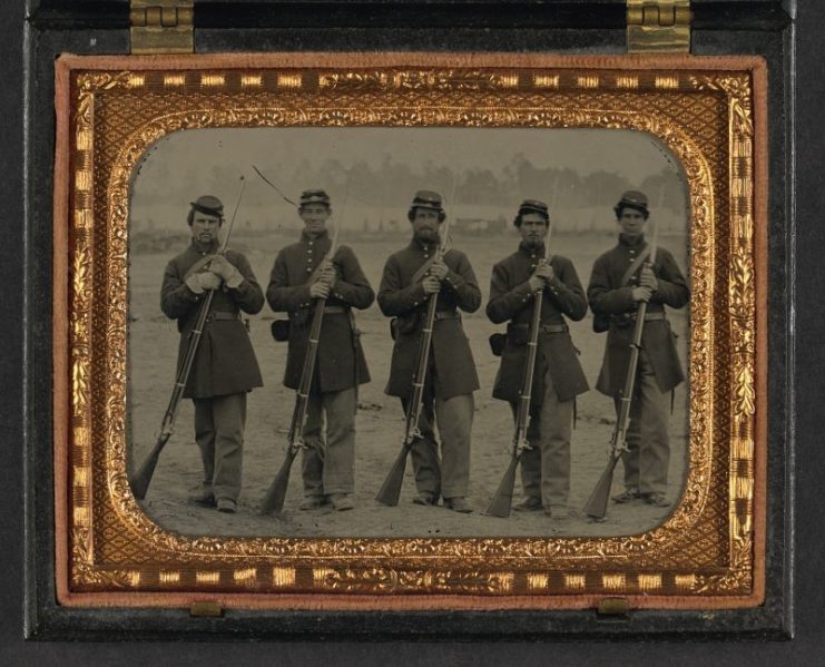 Union soldier’s bayonets attached to the guns, as they were a very important force multiplier during the war.