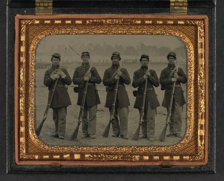 Union soldier’s bayonets attached to the guns, as they were a very important force multiplier during the war.