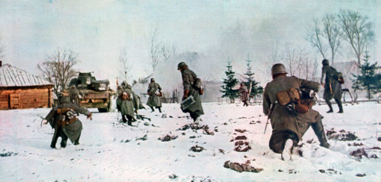 German infantrymen walking through the snow