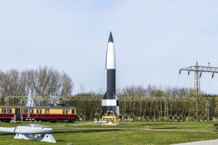 German WW2 V2 rocket in Peenemuende, Germany. From 1943 onwards large numbers of the rocket were manufactured in underground production facilities.