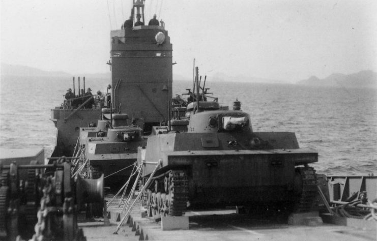 Group of Type 2 Ka-Mi tanks on board of 2nd class transporter of the Imperial Japanese Navy.