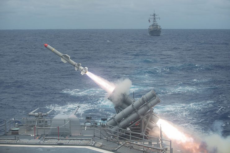 A Harpoon missile is launched from the Ticonderoga-class cruiser USS Shiloh during a live-fire exercise in 2014.