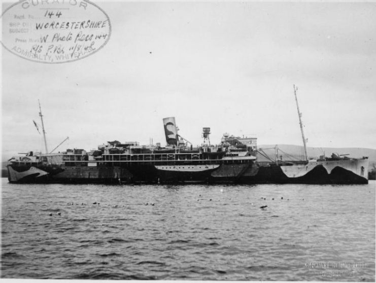 Ocean liner Worcestershire camouflaged and converted to an Armed Merchant Cruiser.