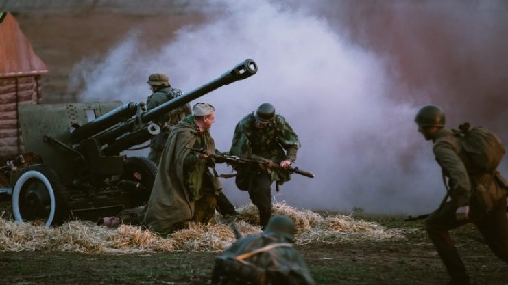 Mogilev, Belarus – May 8, 2015: Reconstruction of Battle during events dedicated to 70th anniversary of the Victory of the Soviet people in the Great Patriotic War.