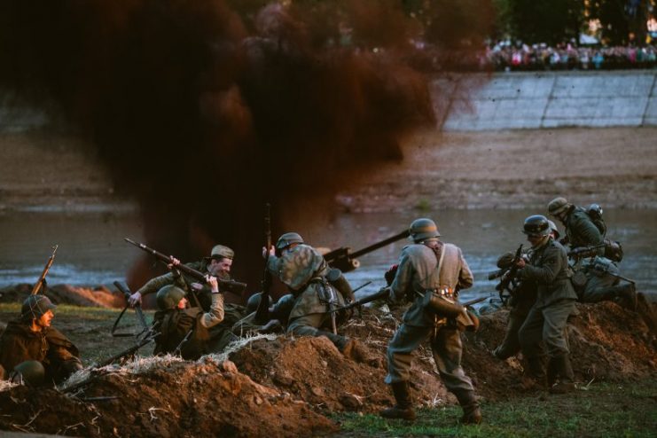 Mogilev, Belarus – May 8, 2015: Reconstruction of Battle during events dedicated to 70th anniversary of the Victory of the Soviet people in the Great Patriotic War.