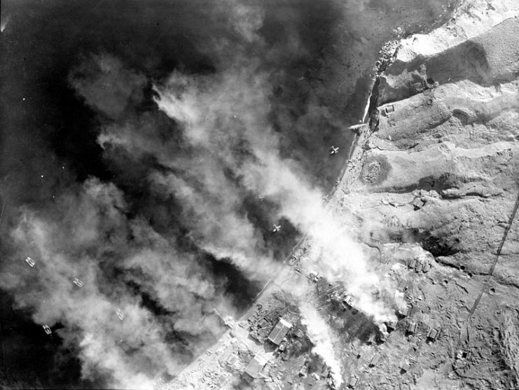 Aerial view of an attack on a Japanese seaplane base