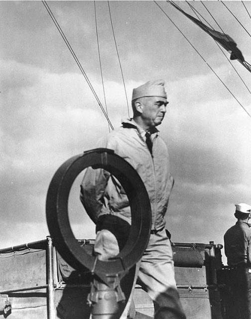 Vice Admiral Thomas C. Kinkaid on board his flagship, USS Enterprise