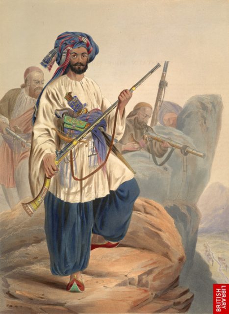 Lithograph dated during the First Anglo-Afghan War of a Kohistani and his jezail.