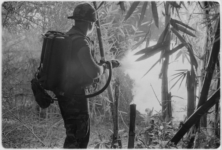 A U.S. soldier firing a flamethrower during the Vietnam War