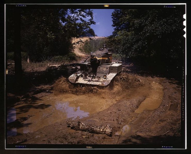 A M3A1 going through water obstacle, Ft. Knox, KY.