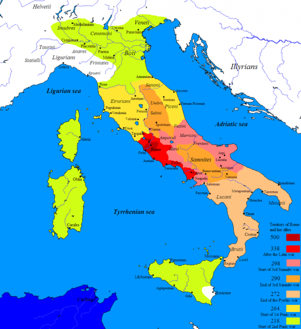 Map showing expansion of Roman sphere of influence from the Latin War (340–338 BC) to the defeat of the Insubres (222 BC)