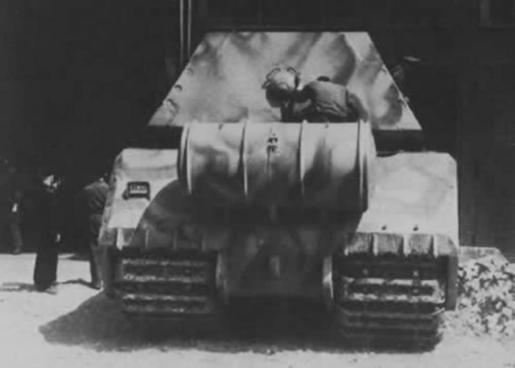 Rear view of the Maus with external fuel tank, April 1944