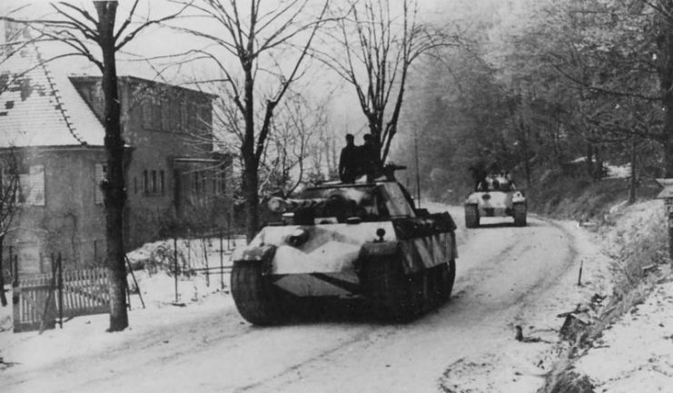 Panther Ausf G tanks of 10th SS Panzer Division Frundsberg winter camo Alsace December 1944
