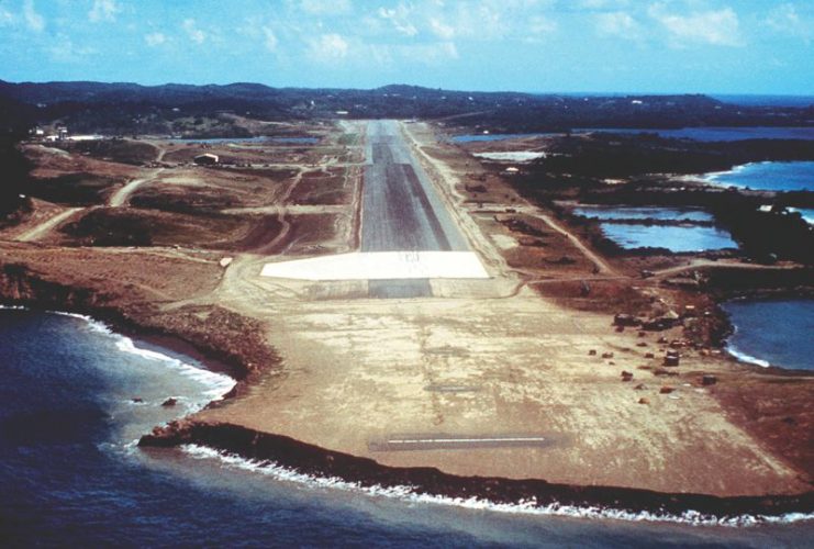 An aerial view of the approach to Point Salines Airport, taken during Operation Urgent Fury.