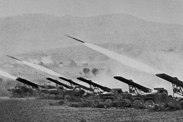 A battery of Katyusha launchers fires at German forces during the Battle of Stalingrad, 6 October 1942. By RIA Novosti archive CC-BY-SA 3.0
