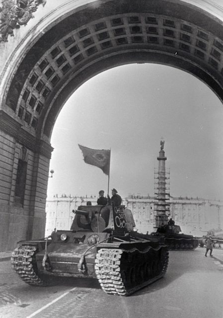 Tanks going to the front from Palace Square in besieged Leningrad. By RIA Novosti archive CC BY-SA 3.0