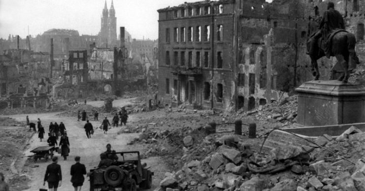 US Troops in Bombed out German city – 1945.
