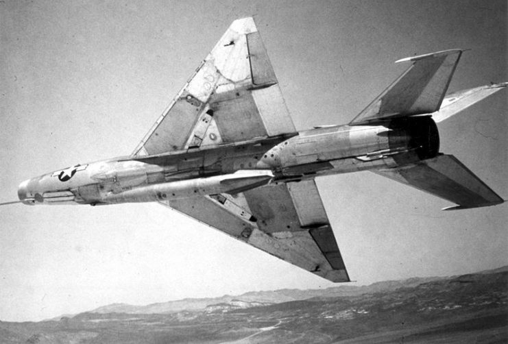 Soviet-built MiG-21 in U.S. national markings. This is a left underside view of one of twelve Soviet-made Mig-21 Fishbed-C aircraft flown by the US Air Force for air-to-air combat training.