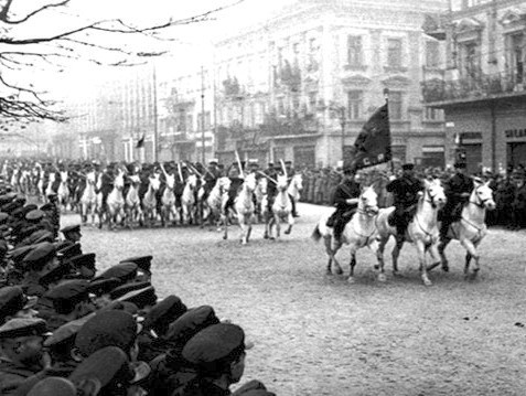 Soviet cavalry on parade in Lviv, after the city’s surrender to the Red Army during 1939 Soviet invasion of Poland. The city, then known as Lwów, was annexed by the Soviet Union and today is part of Ukraine.