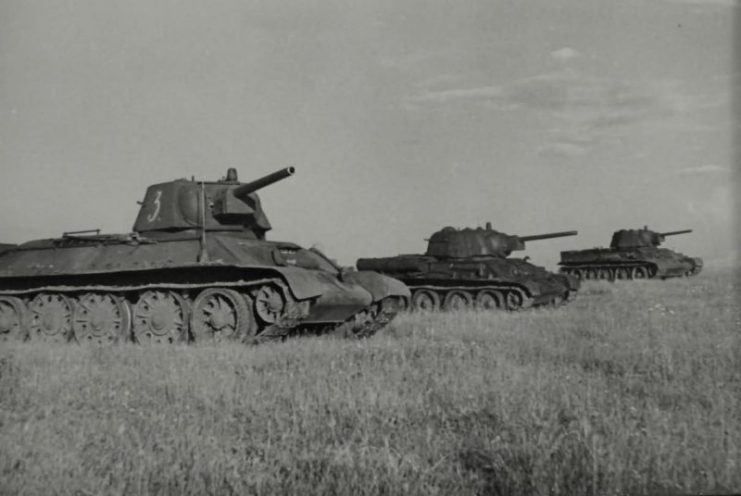 Three T-34 medium tanks