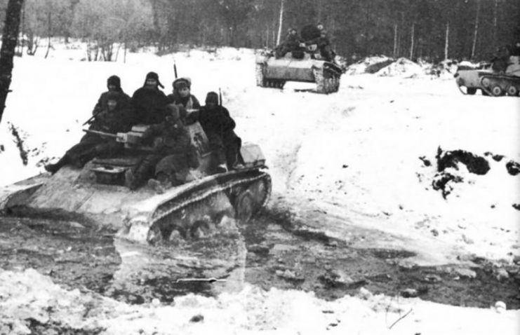 Soviet T-60 Tanks Transporting Troops.