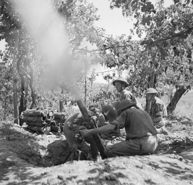 Men of the 5th Battalion, Hampshire Regiment manning a 3-inch mortar at Salerno, 15 September 1943.