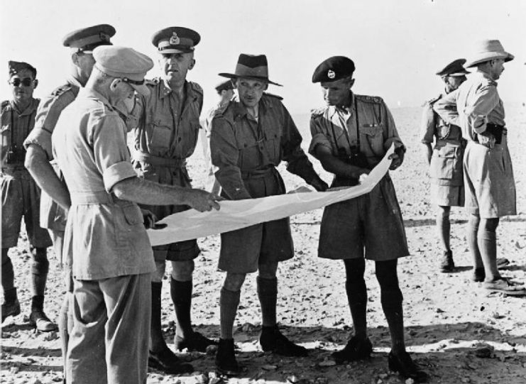 Lieutenant-General Bernard Montgomery, the new commander of the British Eighth Army, and Lieutenant-General Brian Horrocks, the new GOC XIII Corps, discussing troop dispositions at 22nd Armoured Brigade HQ, 20 August 1942