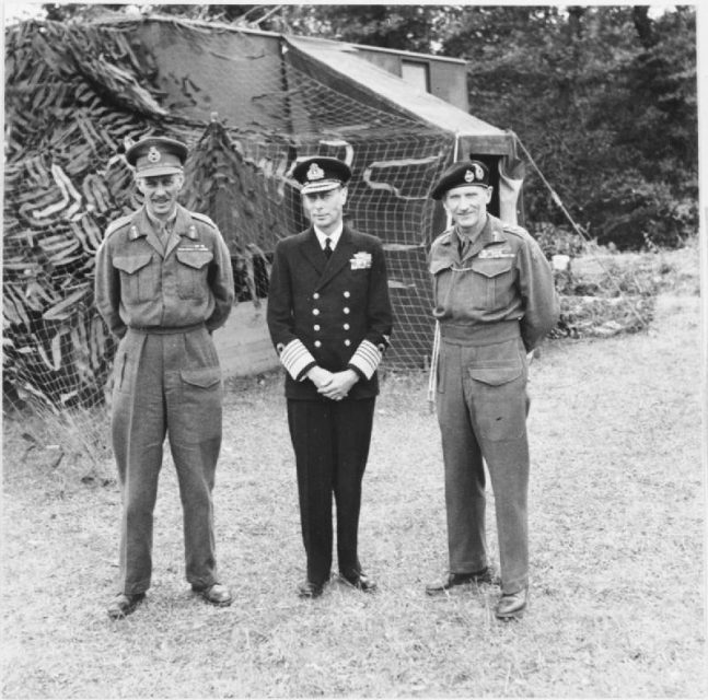 The King with Lieutenant-General Miles Dempsey, GOC British Second Army, and General Montgomery, 16 June 1944.