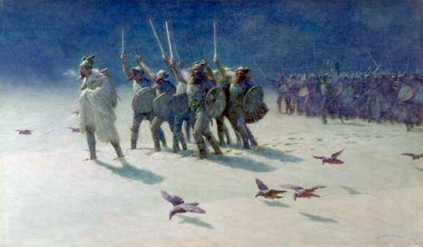 The Ravager, a painting by John Charles Dollman, showing Vikings in cold weather.