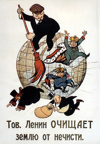 Bolschewistisches politisches Cartoon-Plakat aus dem Jahr 1920, das zeigt, wie Lenin Monarchen, Geistliche und Kapitalisten hinwegfegt.